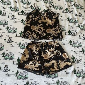 Black gold luxe silky satin soft summer pj camisole and short set size small